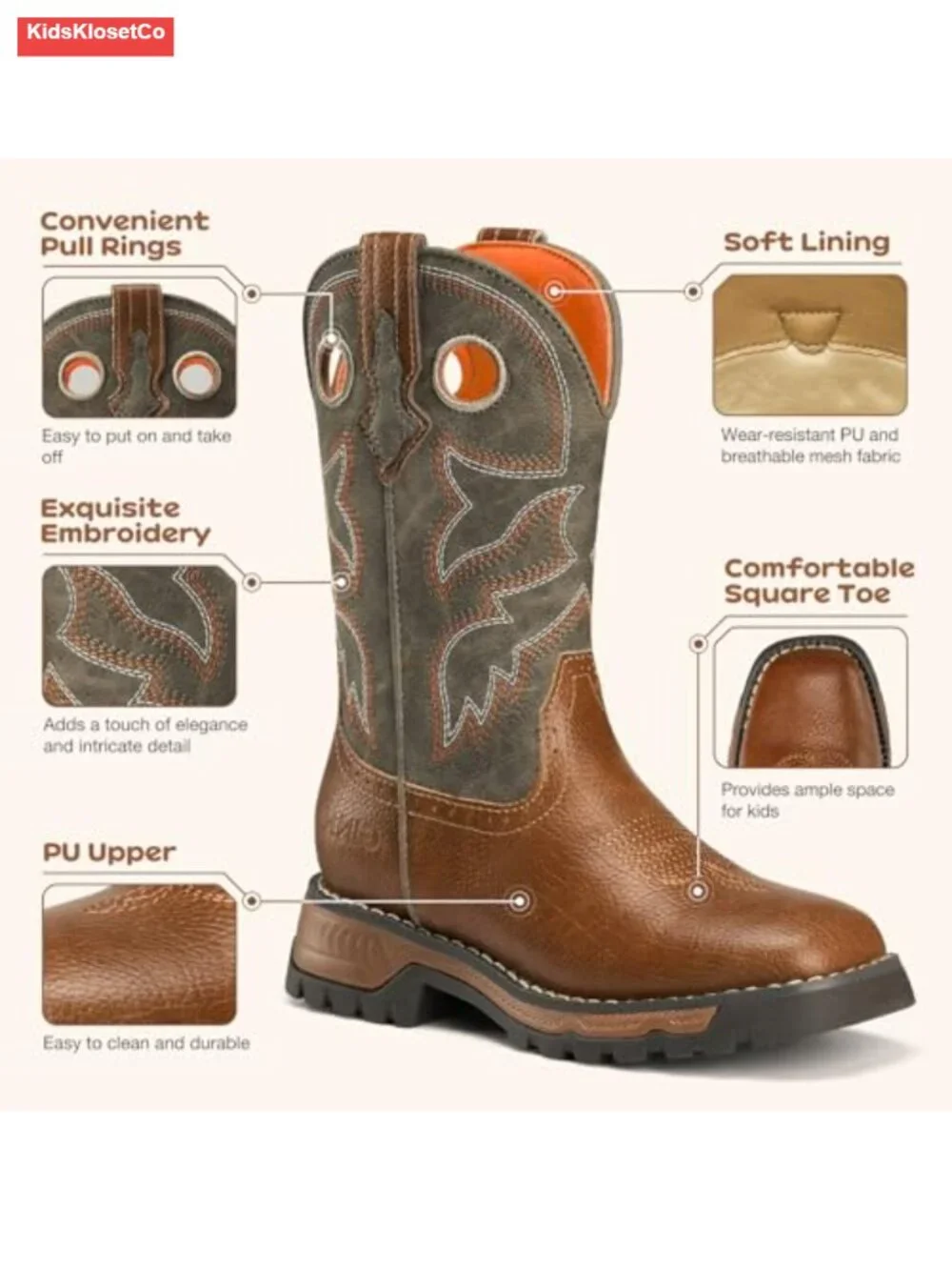 Kids Square Toe Cowboy Boots Comfortable Mid Calf Riding Shoes with Non-slip